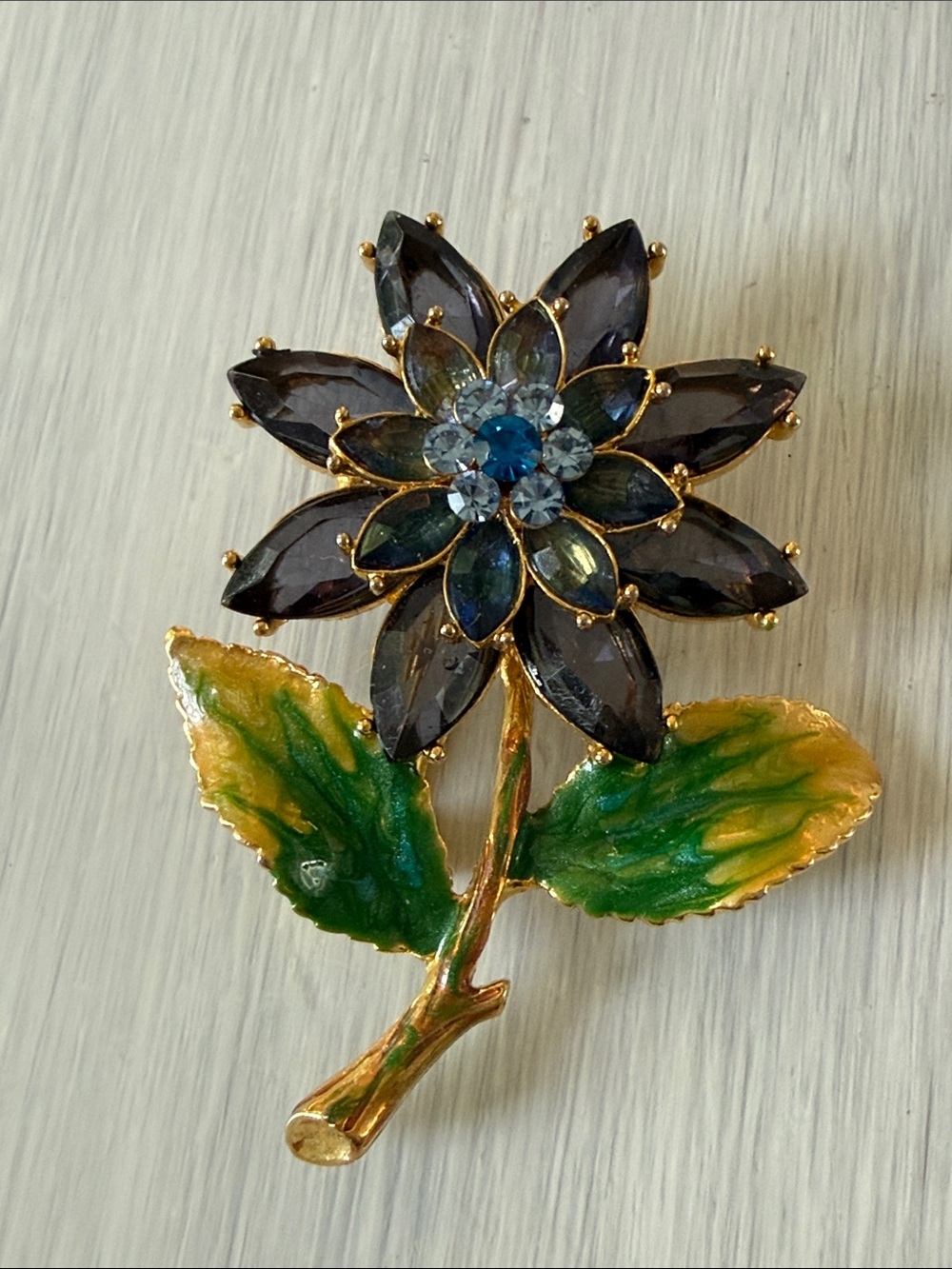 Gold-Tone Blue Floral Crystal Brooch - Blue & Green Flower Pin